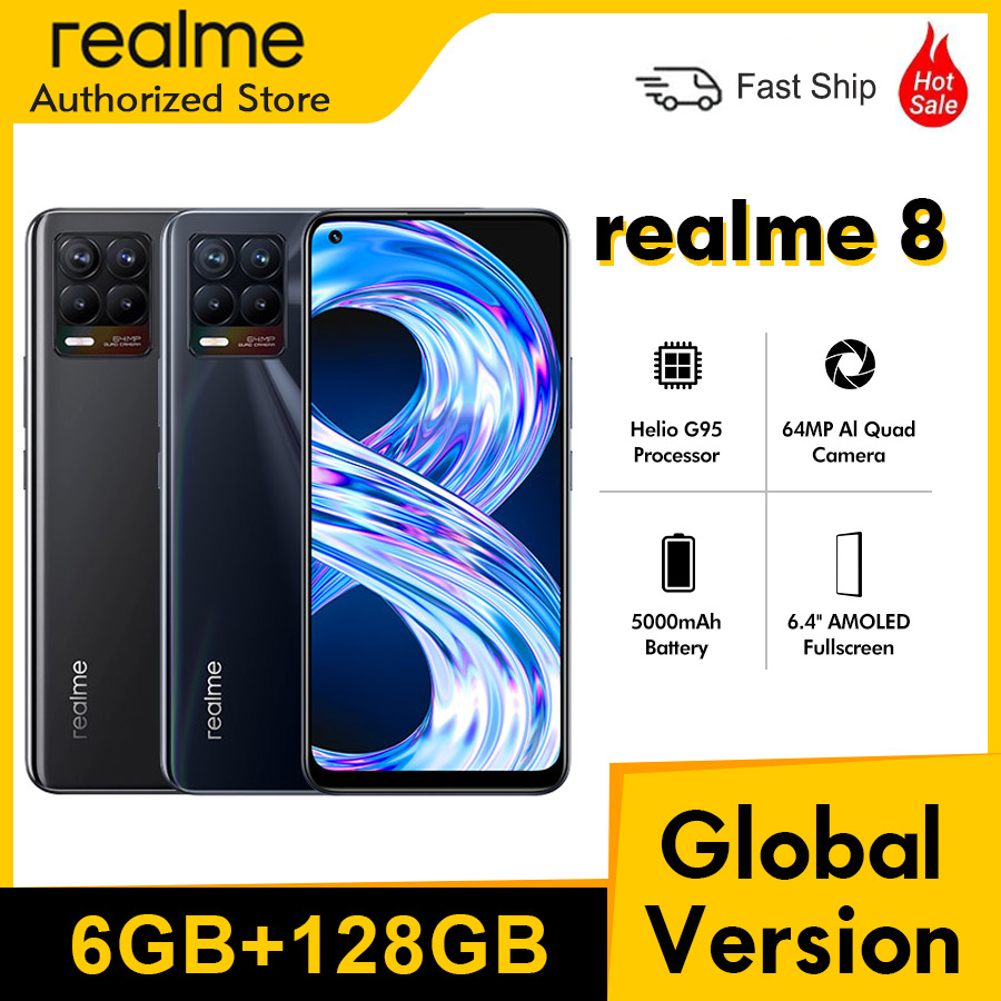 realme 8 RMX3085 6.4"FHD+ AMOLED 6GB 128GB 64MP AI Quad Digicam Helio G95 Octa Core 5000mAh 30W Dart Value Cell Cellphone